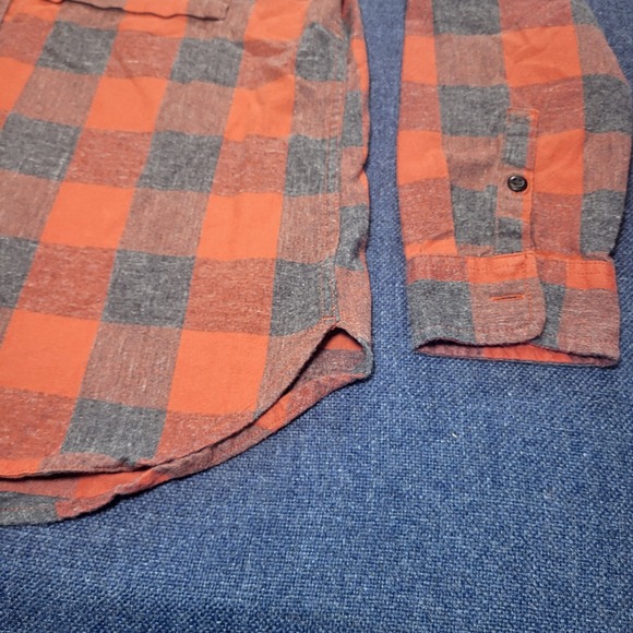 REI Co-op Mens Large Orange Gray Buffalo Plaid Organic Cotton Flannel Shirt - Picture 2 of 10
